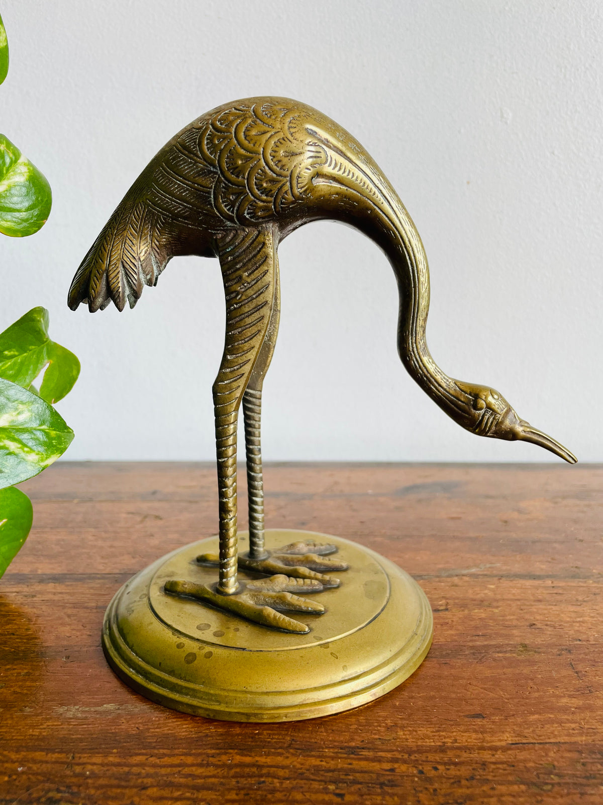 Vintage Solid Brass Etched Crane Bird Statue on Round Base - Handmade in India