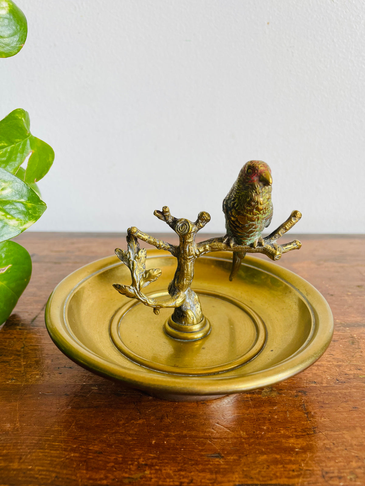 Vintage Solid Brass & Gold Metal Trinket or Jewellery Pedestal Dish Bowl with Parrot Bird on Branch