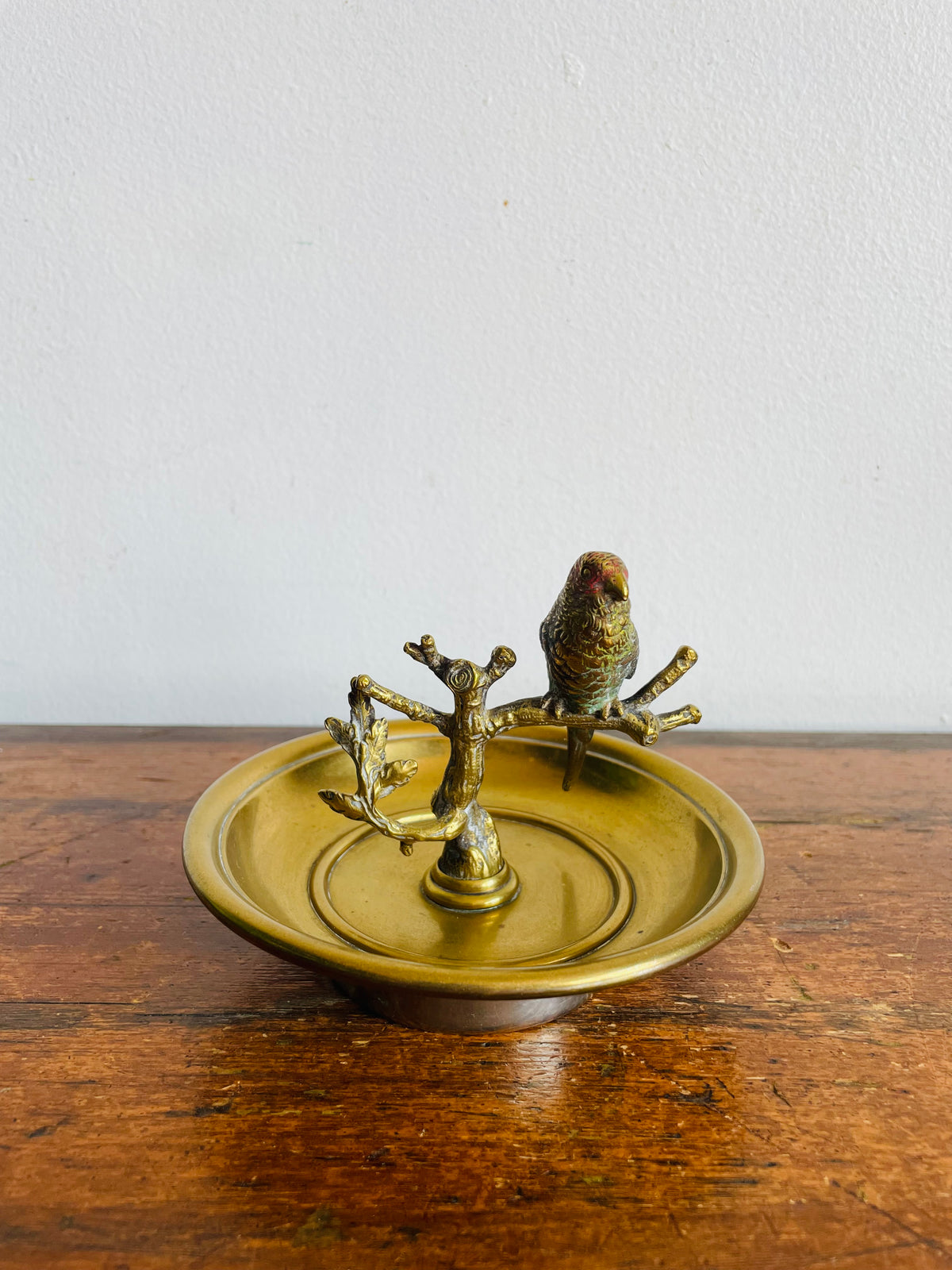 Vintage Solid Brass & Gold Metal Trinket or Jewellery Pedestal Dish Bowl with Parrot Bird on Branch