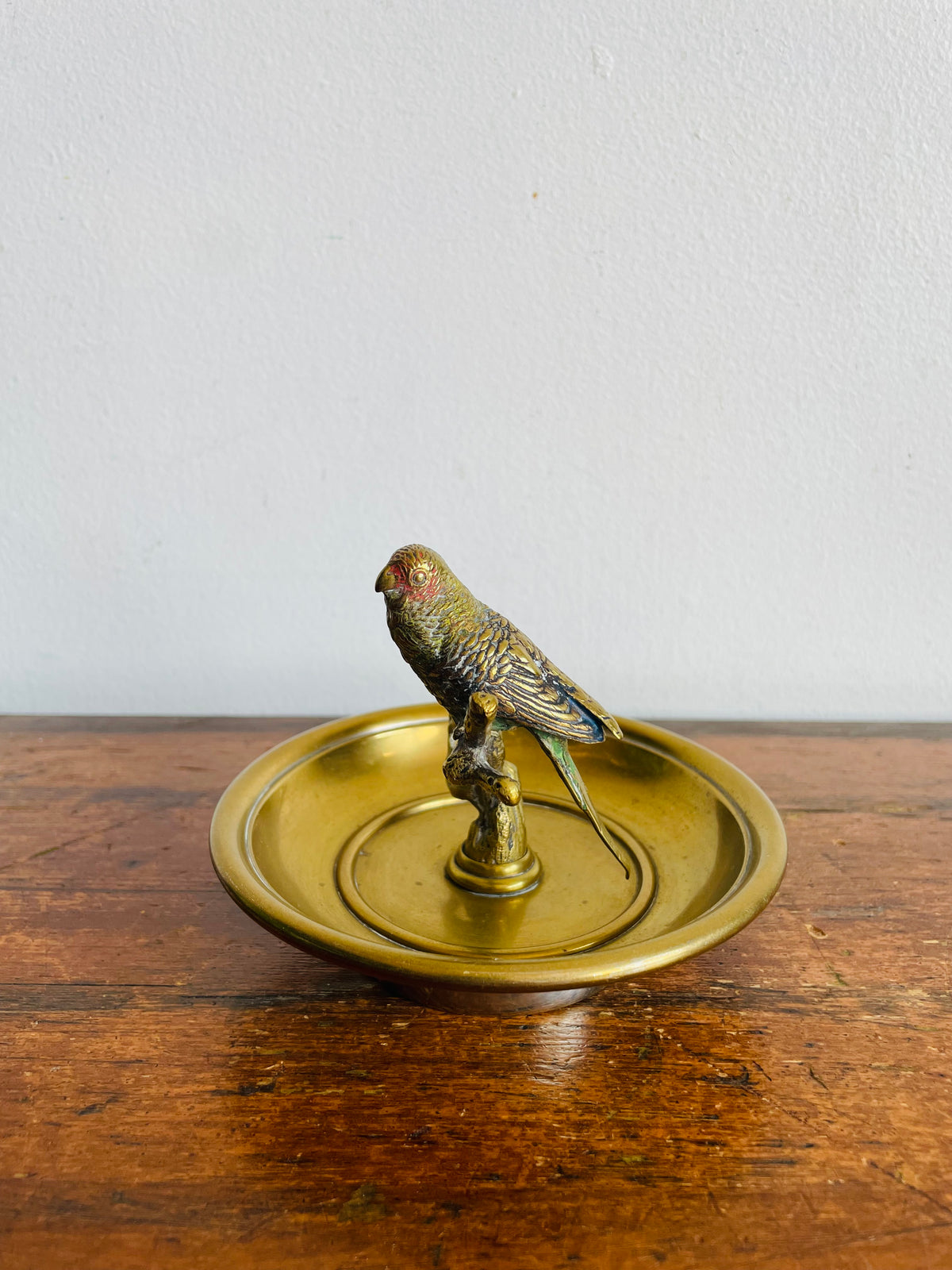 Vintage Solid Brass & Gold Metal Trinket or Jewellery Pedestal Dish Bowl with Parrot Bird on Branch