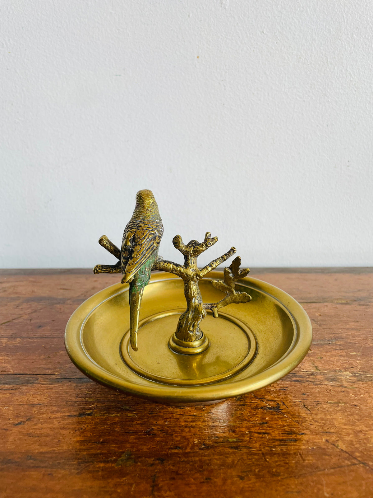 Vintage Solid Brass & Gold Metal Trinket or Jewellery Pedestal Dish Bowl with Parrot Bird on Branch