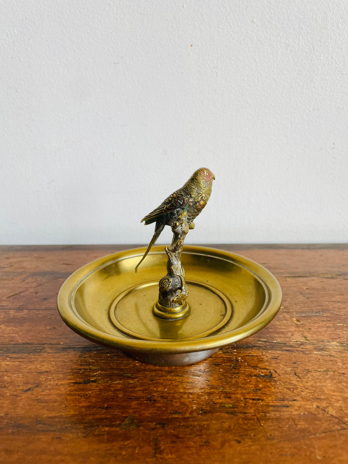 Vintage Solid Brass & Gold Metal Trinket or Jewellery Pedestal Dish Bowl with Parrot Bird on Branch