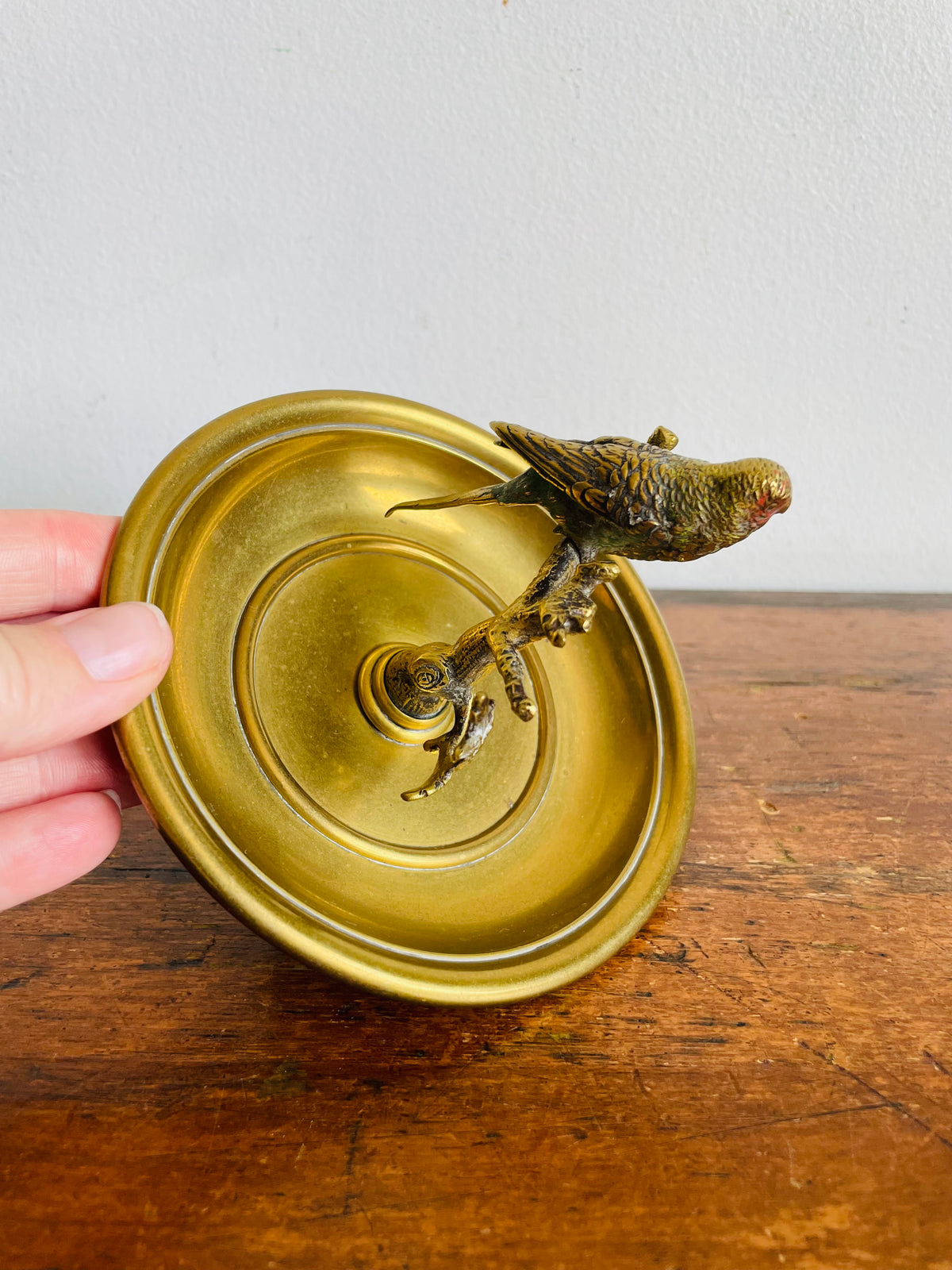 Vintage Solid Brass & Gold Metal Trinket or Jewellery Pedestal Dish Bowl with Parrot Bird on Branch