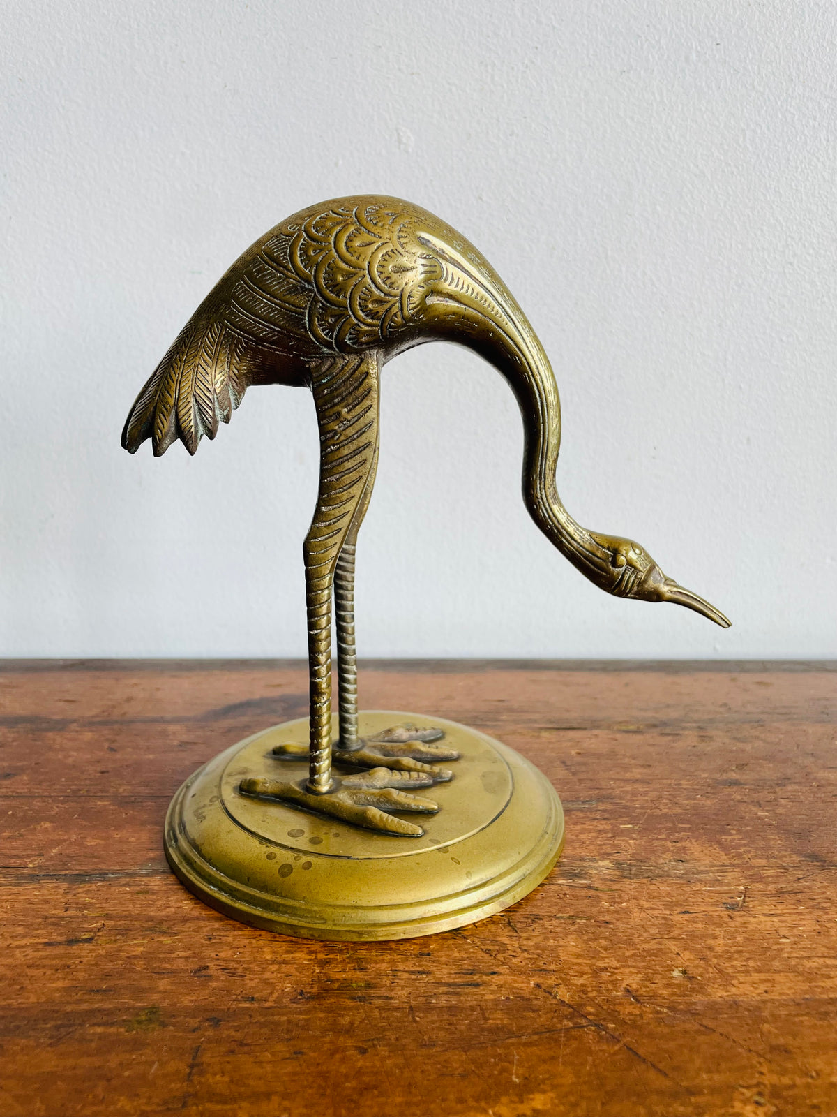 Vintage Solid Brass Etched Crane Bird Statue on Round Base - Handmade in India