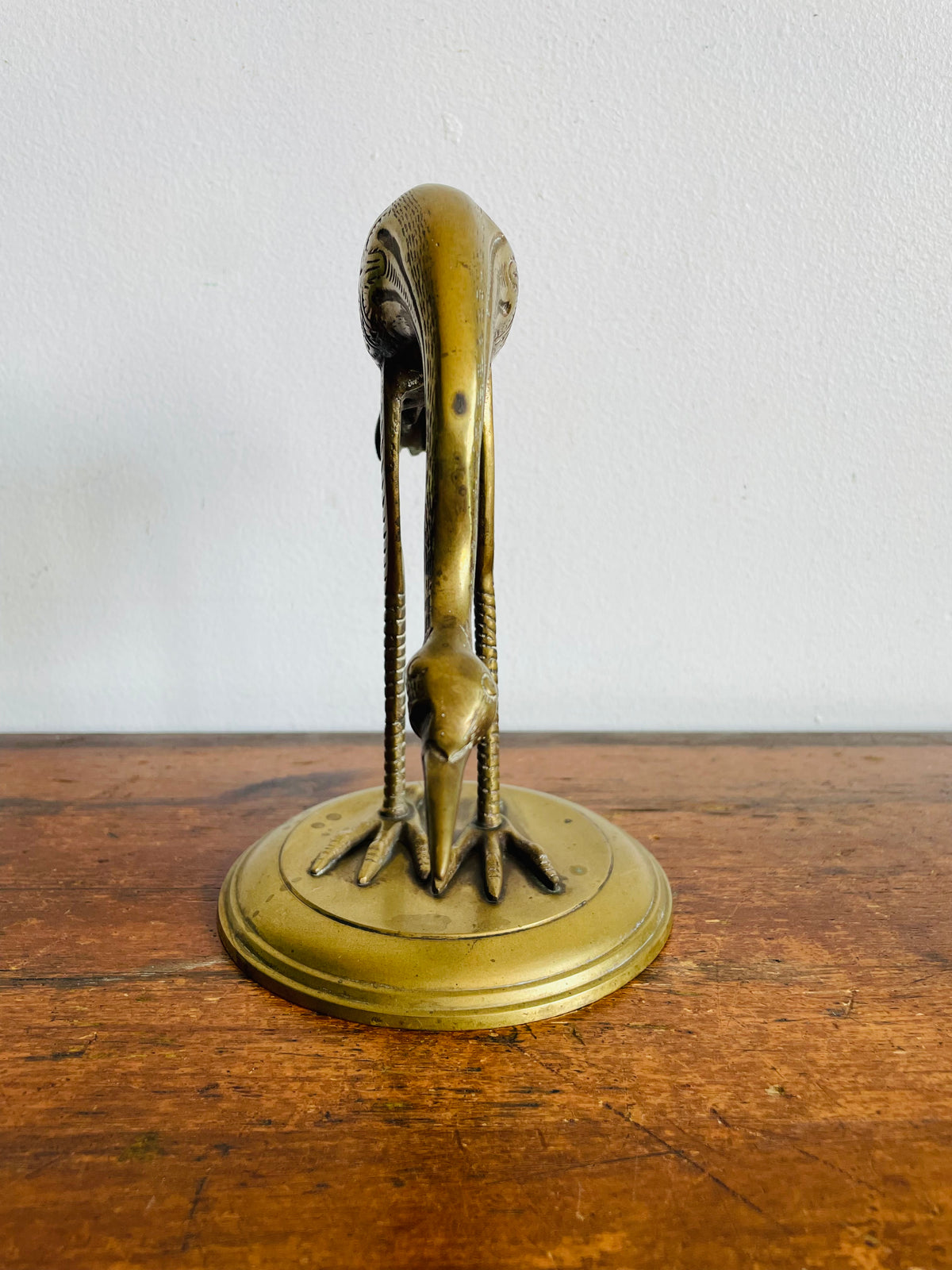 Vintage Solid Brass Etched Crane Bird Statue on Round Base - Handmade in India