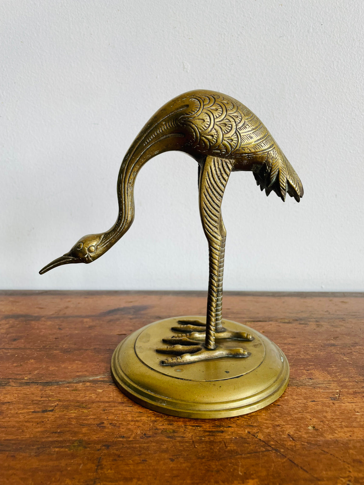 Vintage Solid Brass Etched Crane Bird Statue on Round Base - Handmade in India