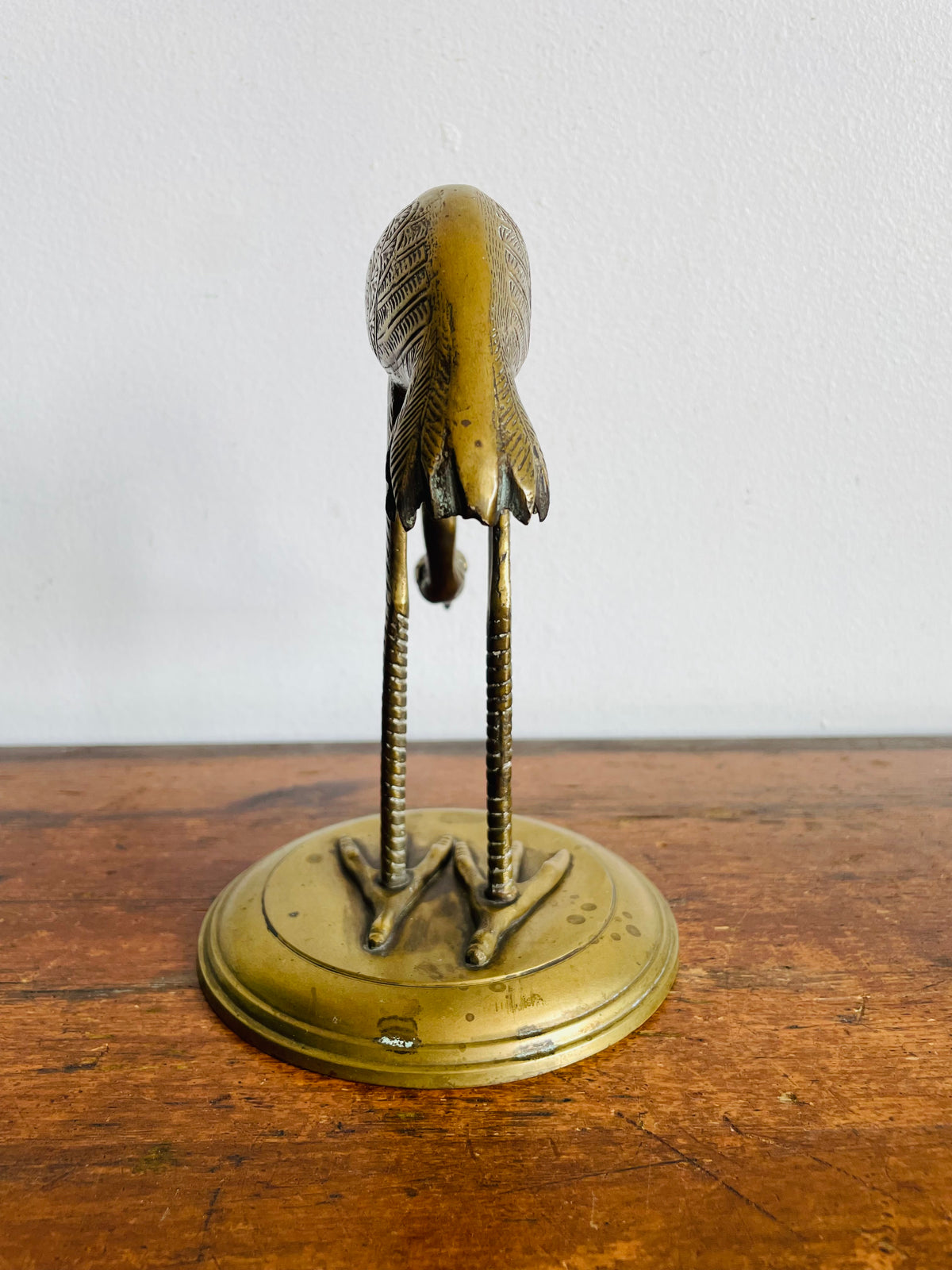 Vintage Solid Brass Etched Crane Bird Statue on Round Base - Handmade in India