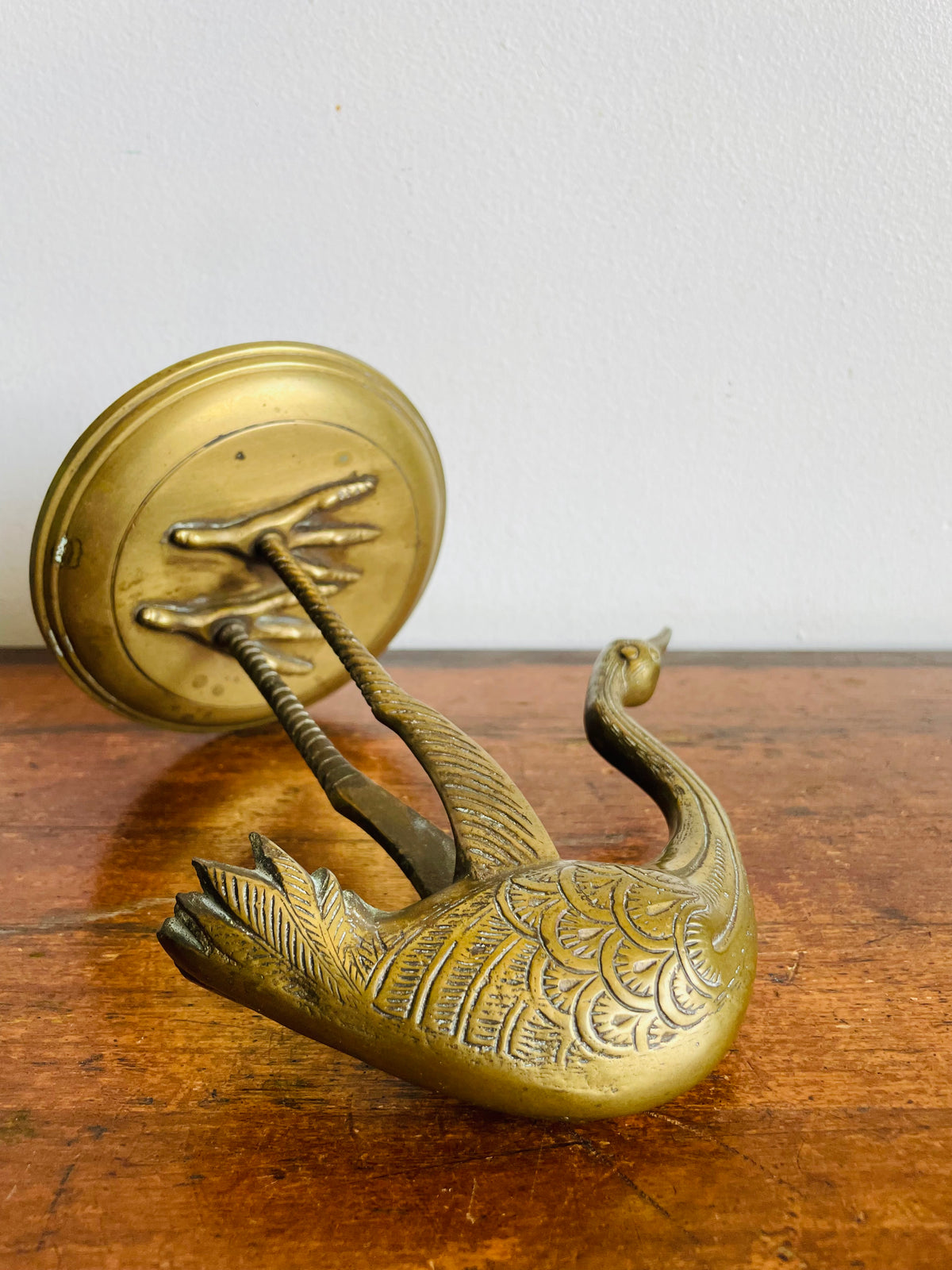 Vintage Solid Brass Etched Crane Bird Statue on Round Base - Handmade in India