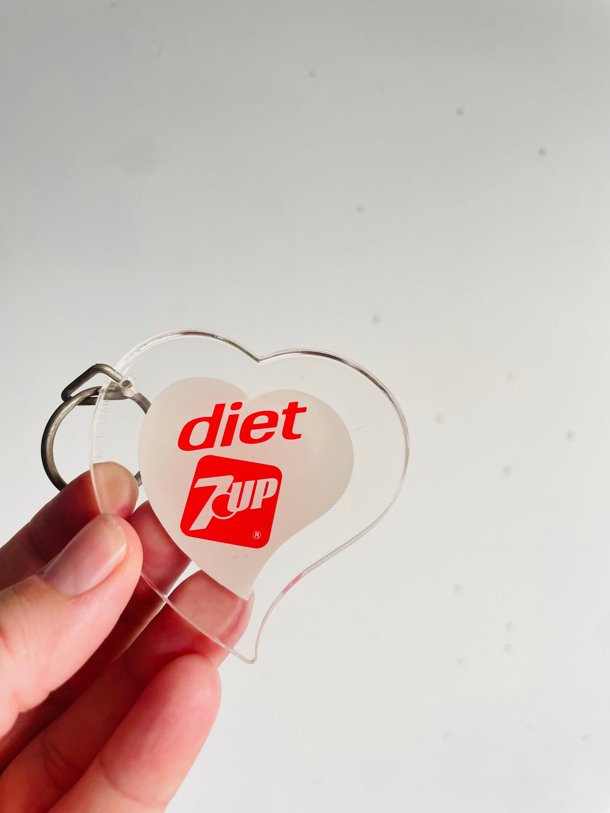 Vintage Diet 7UP Soda Pop Clear Plastic Heart Keychain - Made in Canada