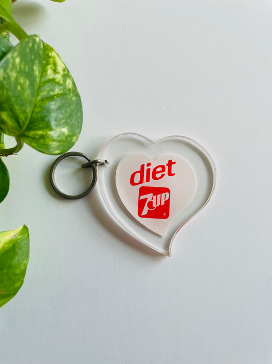 Vintage Diet 7UP Soda Pop Clear Plastic Heart Keychain - Made in Canada