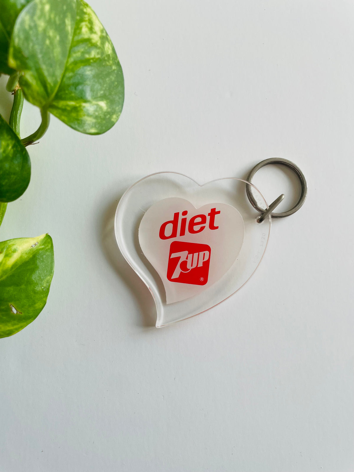 Vintage Diet 7UP Soda Pop Clear Plastic Heart Keychain - Made in Canada