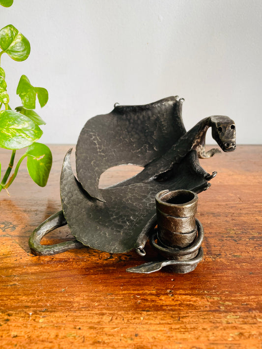 Vintage Sturdy & Heavy Handmade Hand-Forged Dark Hammered Metal Dragon Candle Holder - Unique One-of-a-Kind Fantasy Decor