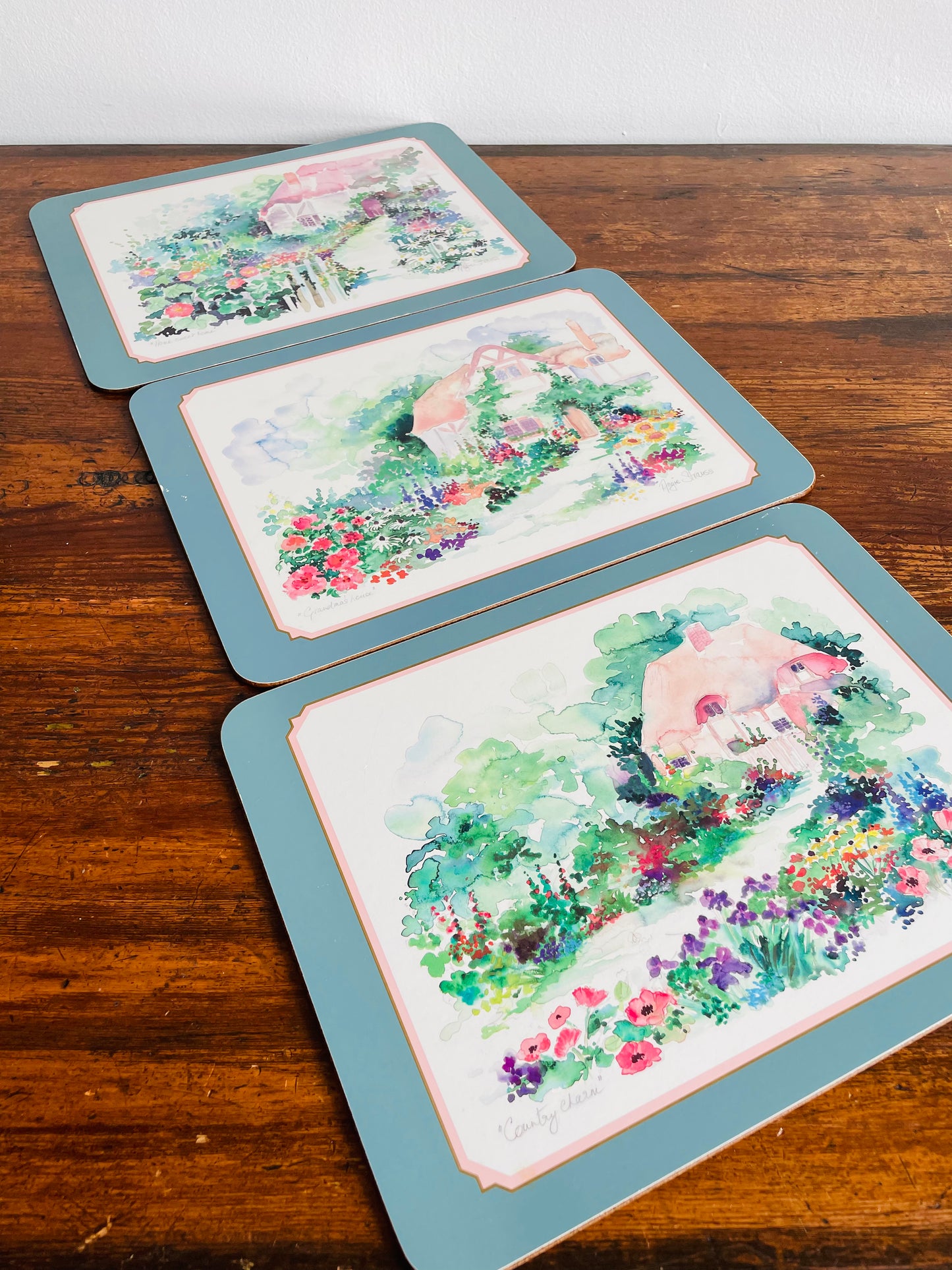 Angie Strauss Placemats with Cork Bottoms - Country Garden Cottage Scenes - Set of 3