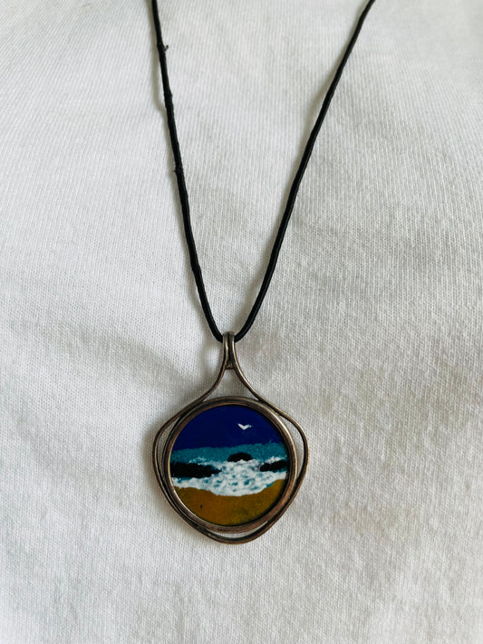 Barbados 25 Cent Coin Necklace - Hand Painted with Ocean Beach Scene