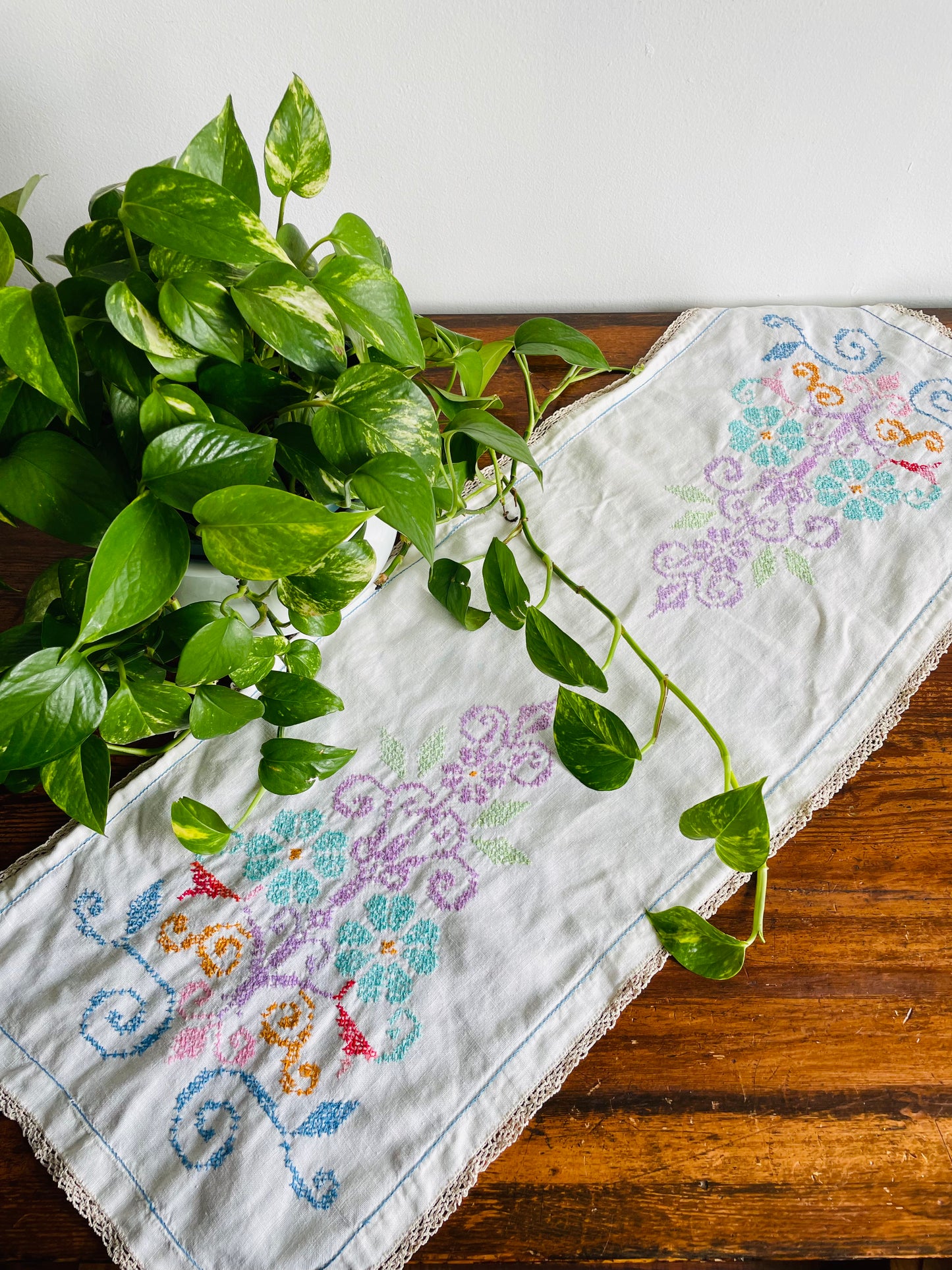 Linen Table Runner or Display Towel with Embroidered Floral Design