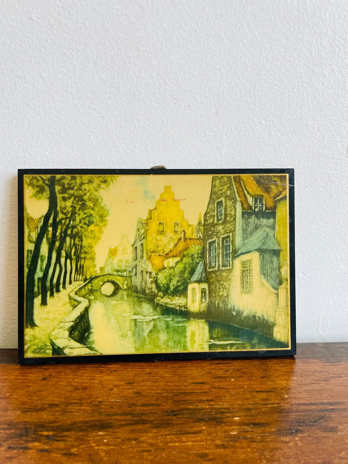 Wooden Picture Plaque of an Amsterdam Canal & Bridge - British Empire Made