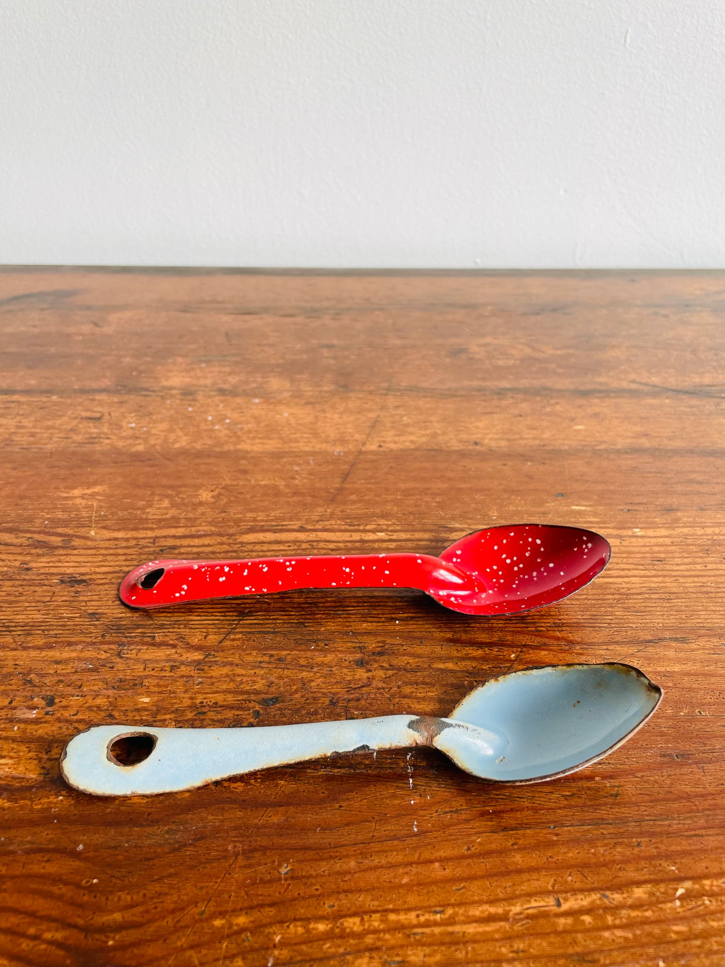 Graniteware Enamelware Set of Two Spoons - Red with White Flecks & Robin Egg Blue