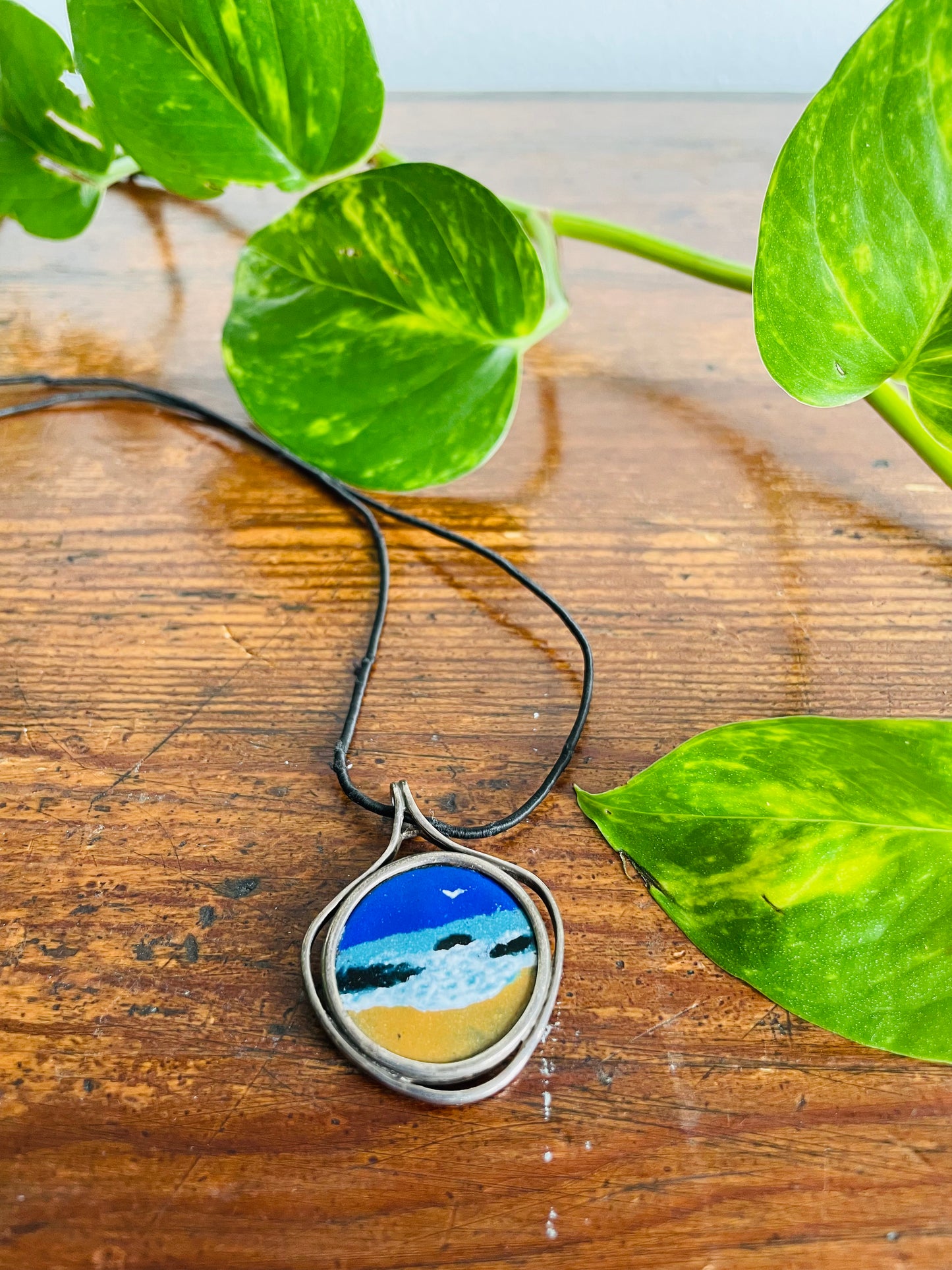 Barbados 25 Cent Coin Necklace - Hand Painted with Ocean Beach Scene