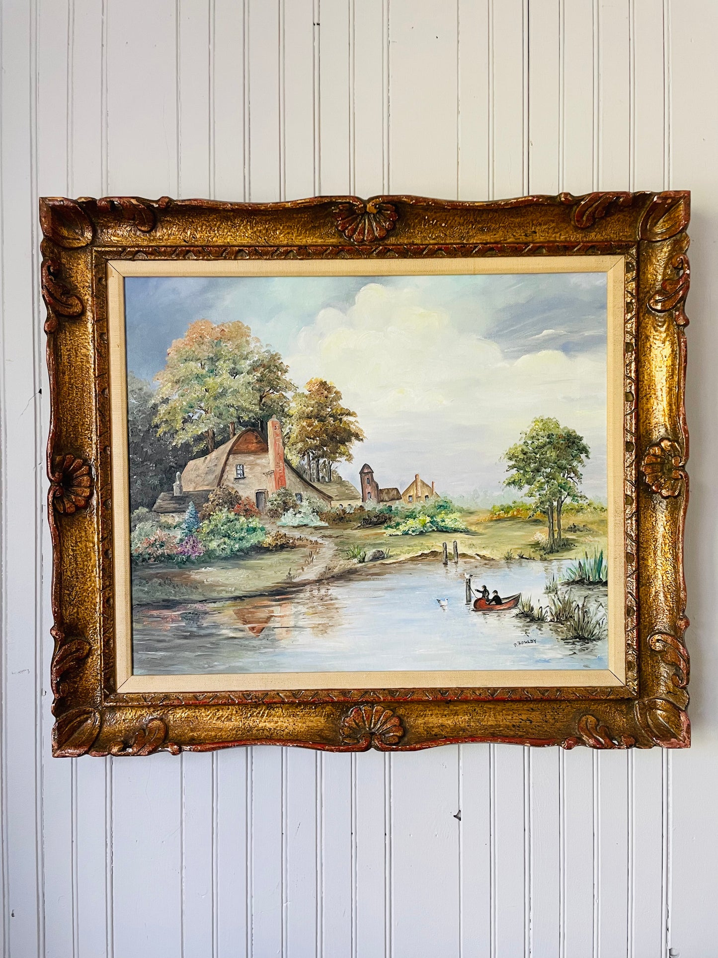 Original Art - Oil Painting of Cottage Scene in Ornate Frame - Signed by Artist D. Bowlby Circa 1930