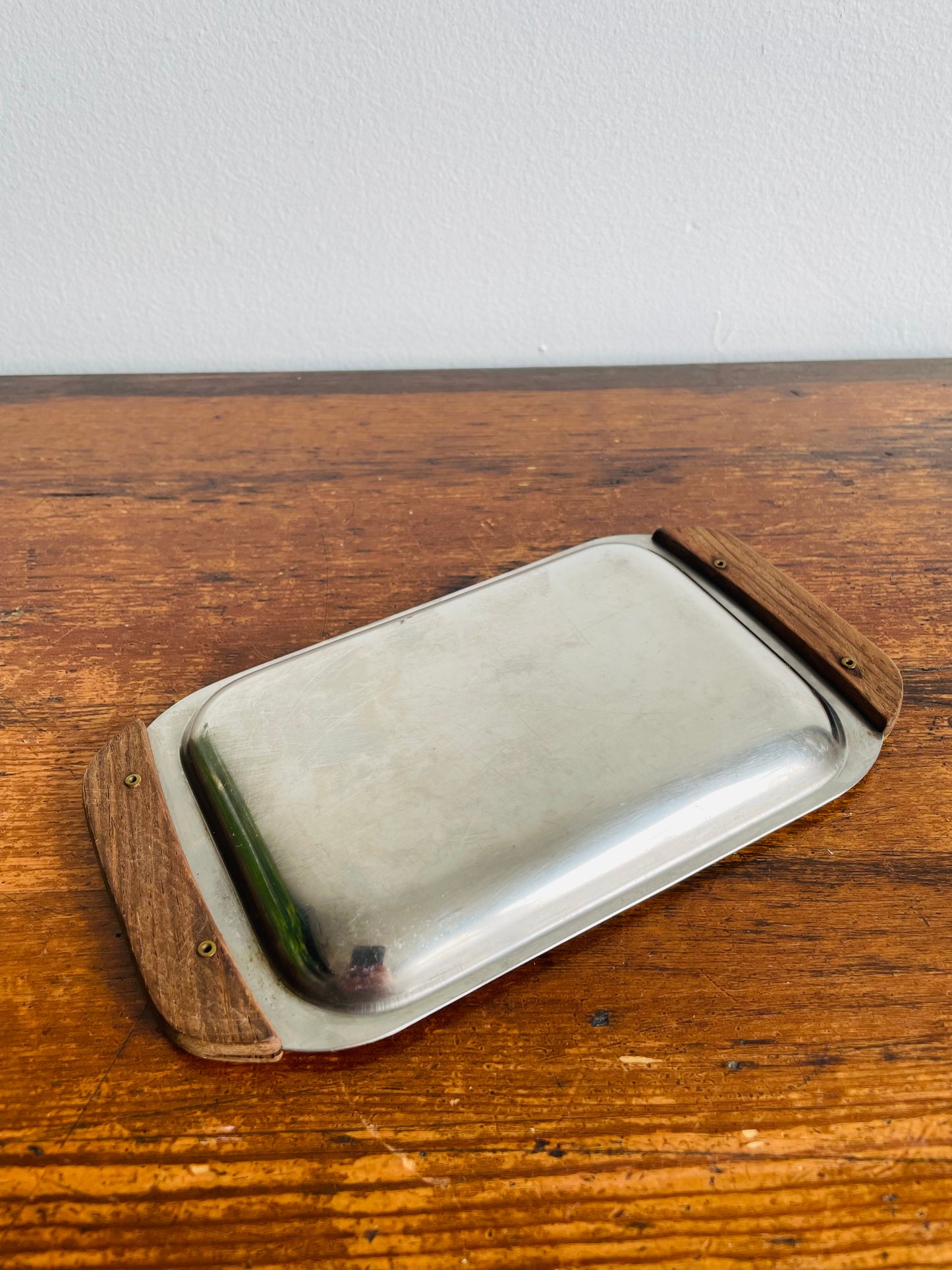 Small Steel Tray with Wooden Handles - Great for Business Cards!