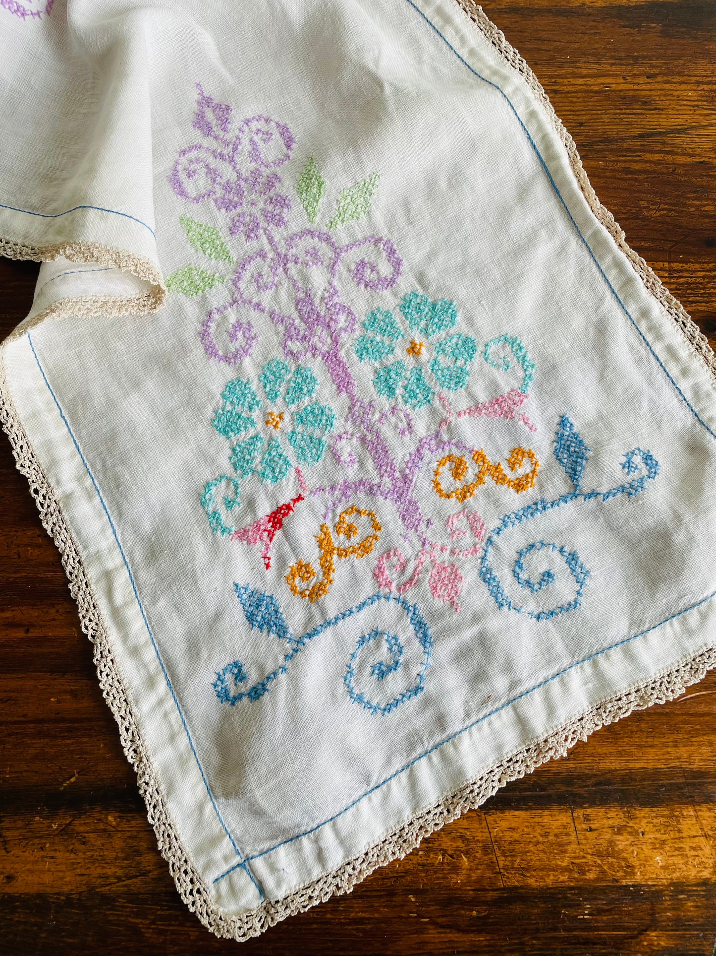 Linen Table Runner or Display Towel with Embroidered Floral Design