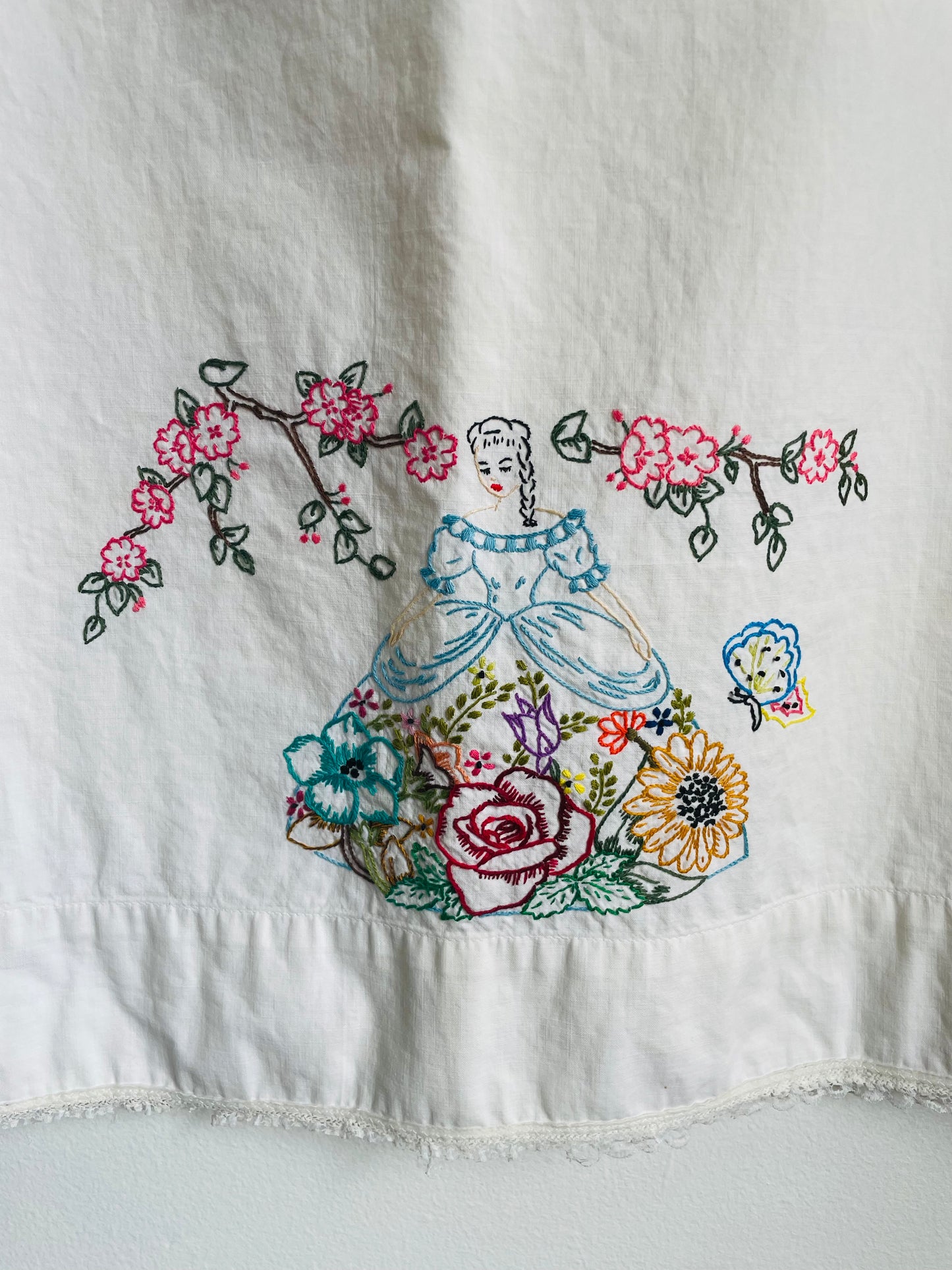 White Cotton Pillowcase with Embroidered Woman, Flowers, and a Butterfly