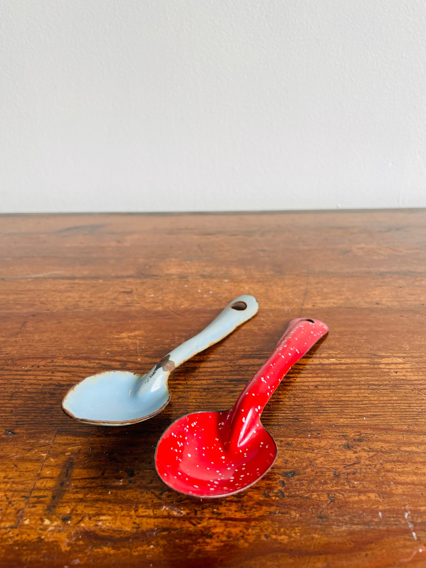 Graniteware Enamelware Set of Two Spoons - Red with White Flecks & Robin Egg Blue