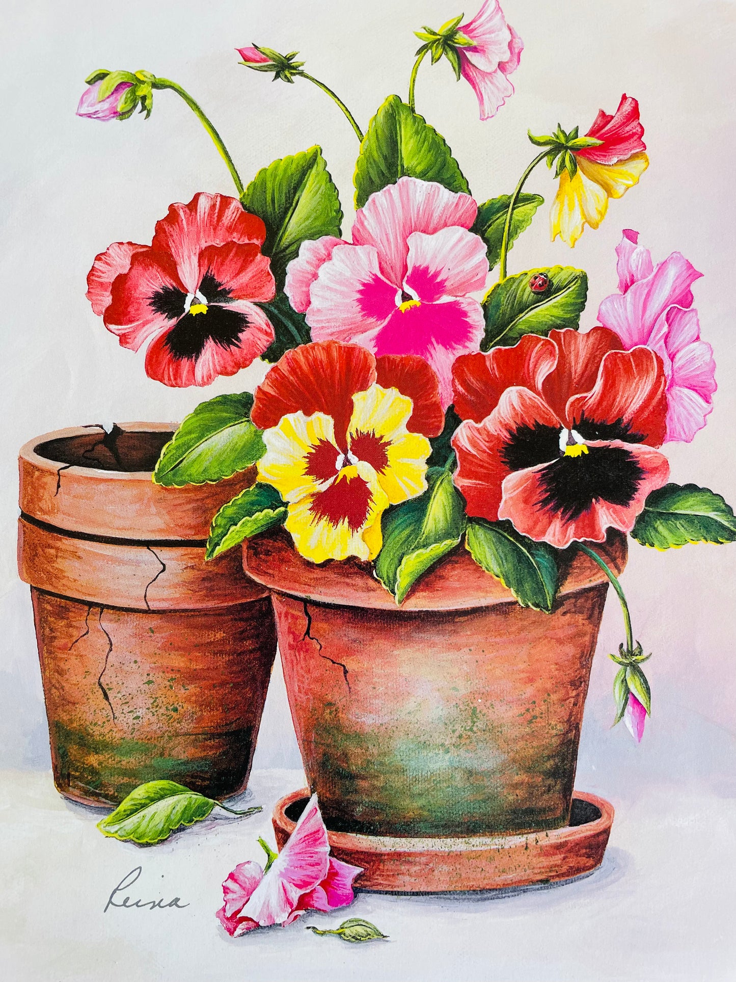 Pink-Red Pansies in Pots by Reina (2000) Manor Art - Floral Lithograph Print Ready for Framing!