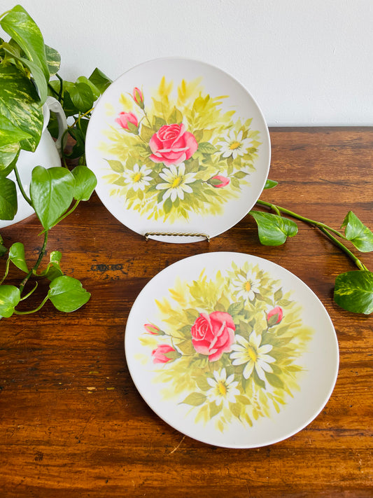 Prolon Melamine Plates with Rose & Daisy Flower Design - Set of 2 - Made in USA