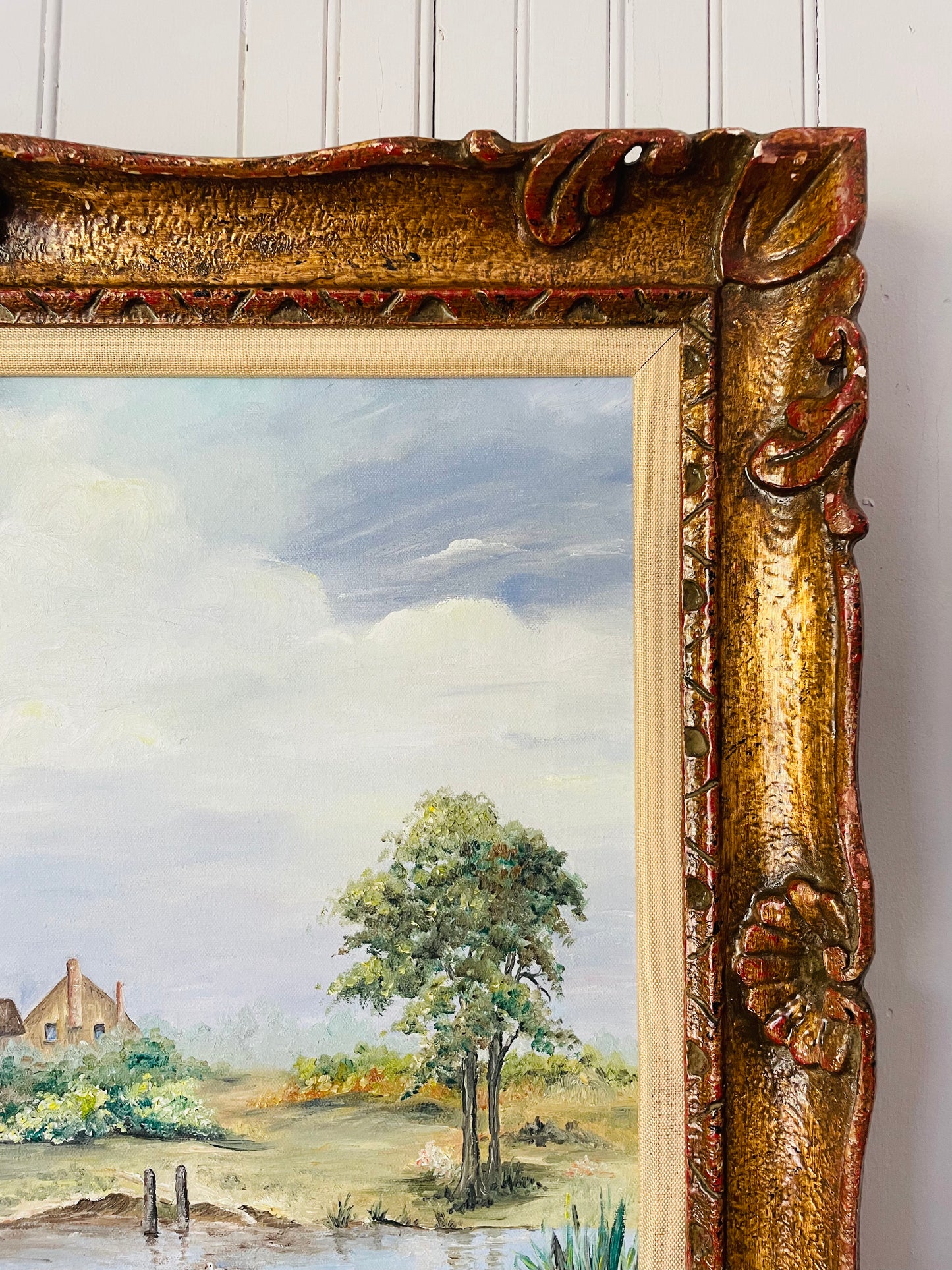 Original Art - Oil Painting of Cottage Scene in Ornate Frame - Signed by Artist D. Bowlby Circa 1930