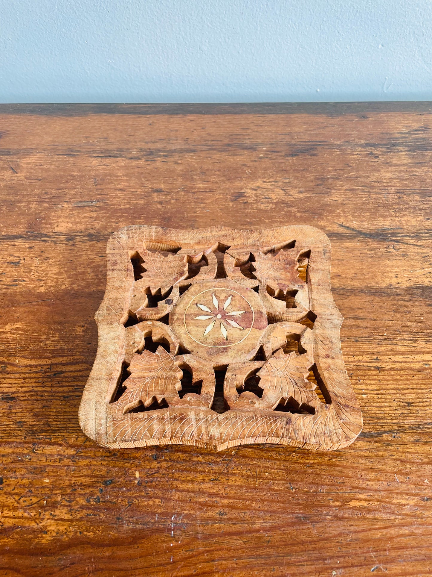 Square Shaped Carved Wooden Trivet with Inlay Floral Pattern - Made in India