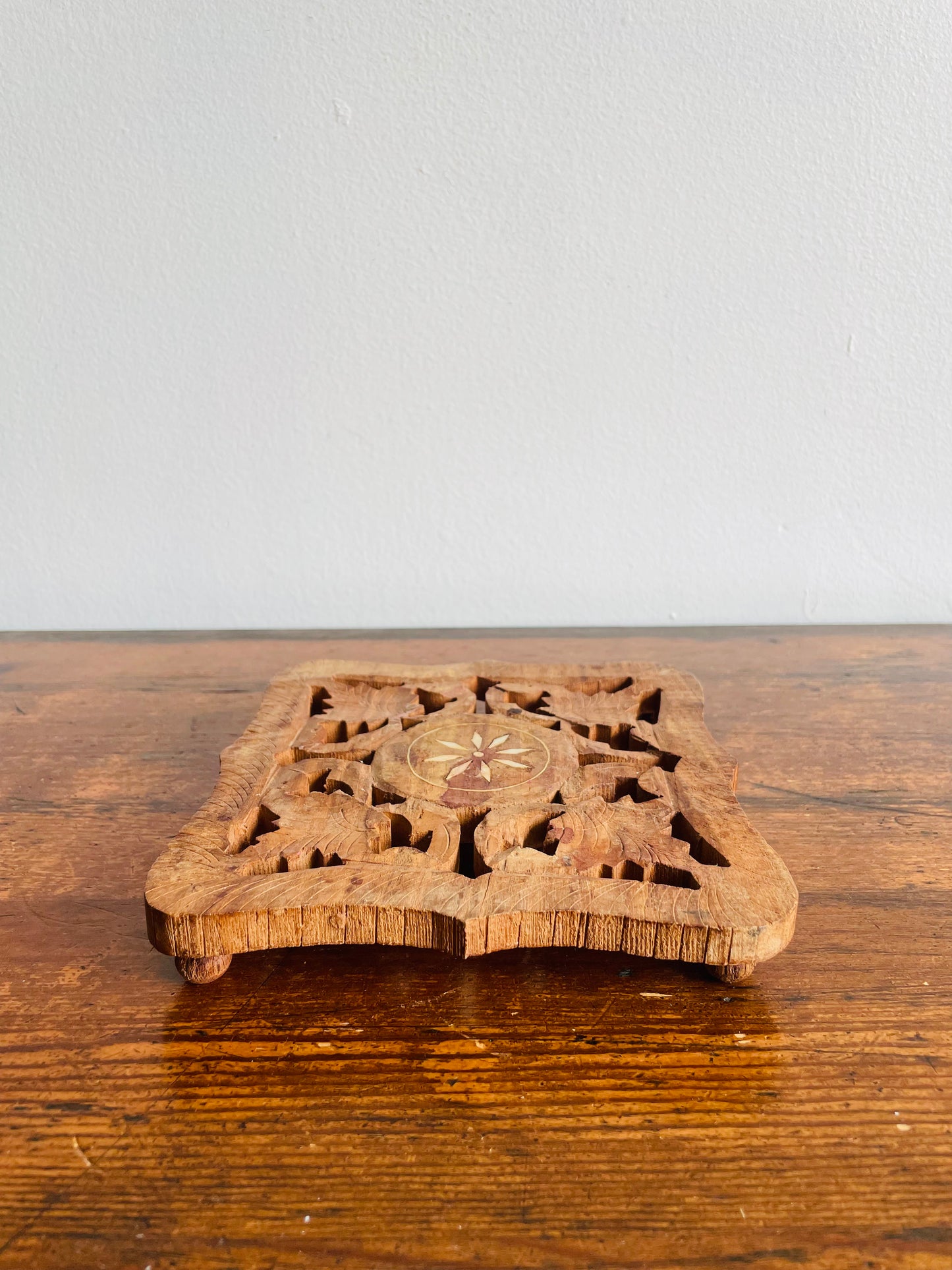 Square Shaped Carved Wooden Trivet with Inlay Floral Pattern - Made in India