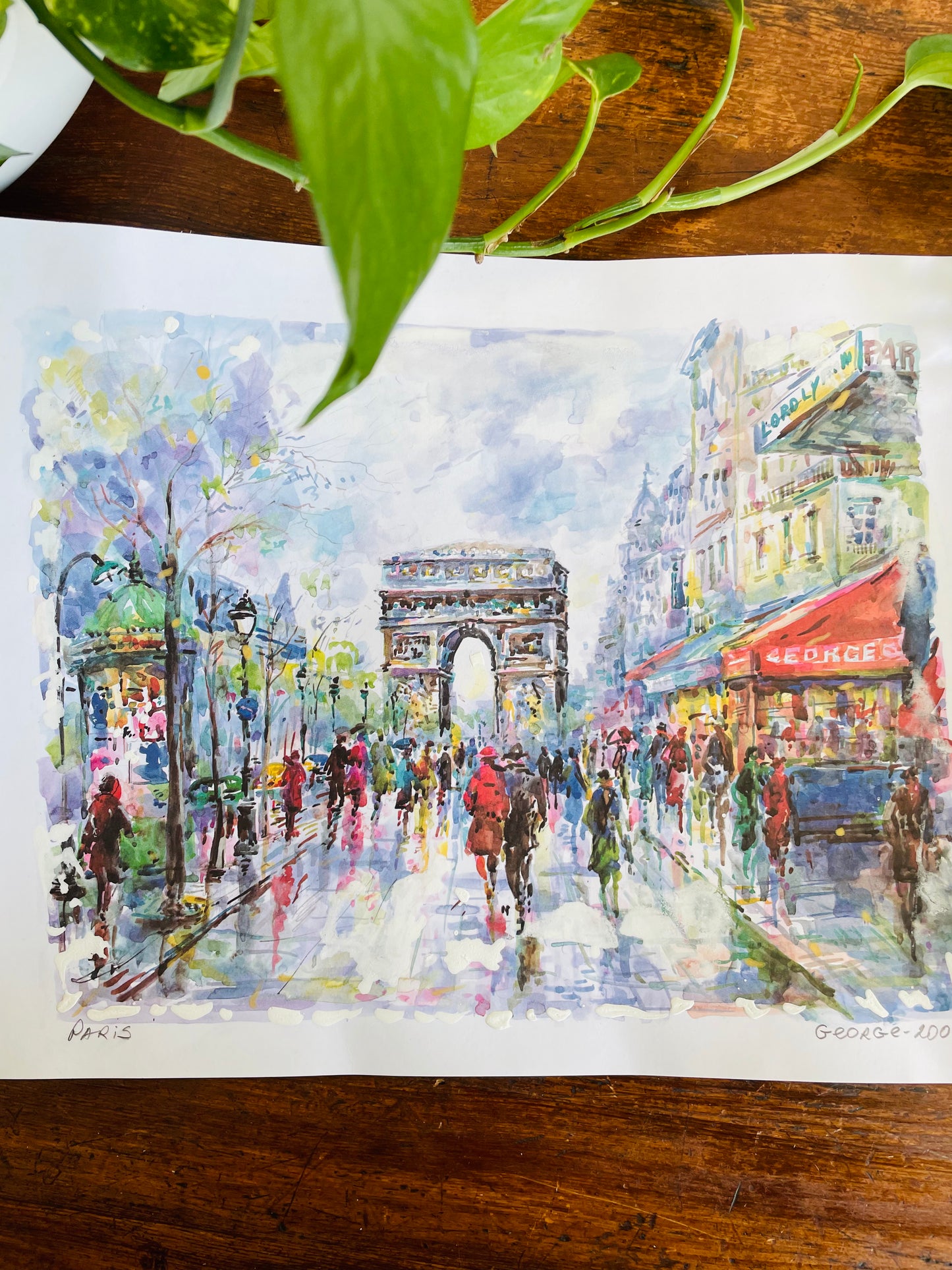 Paris Watercolour Print Poster - Signed - Arc de Triomphe Street Scene (12.5" by 9.5")