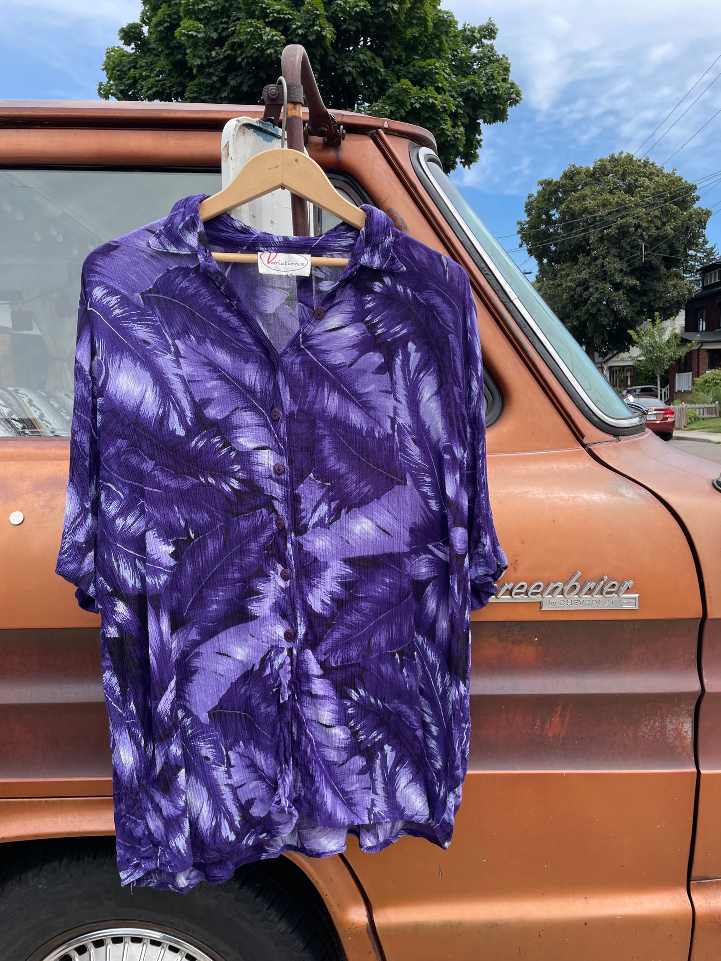Vintage Variations Brand Purple Button Up T-Shirt with Tropical Print