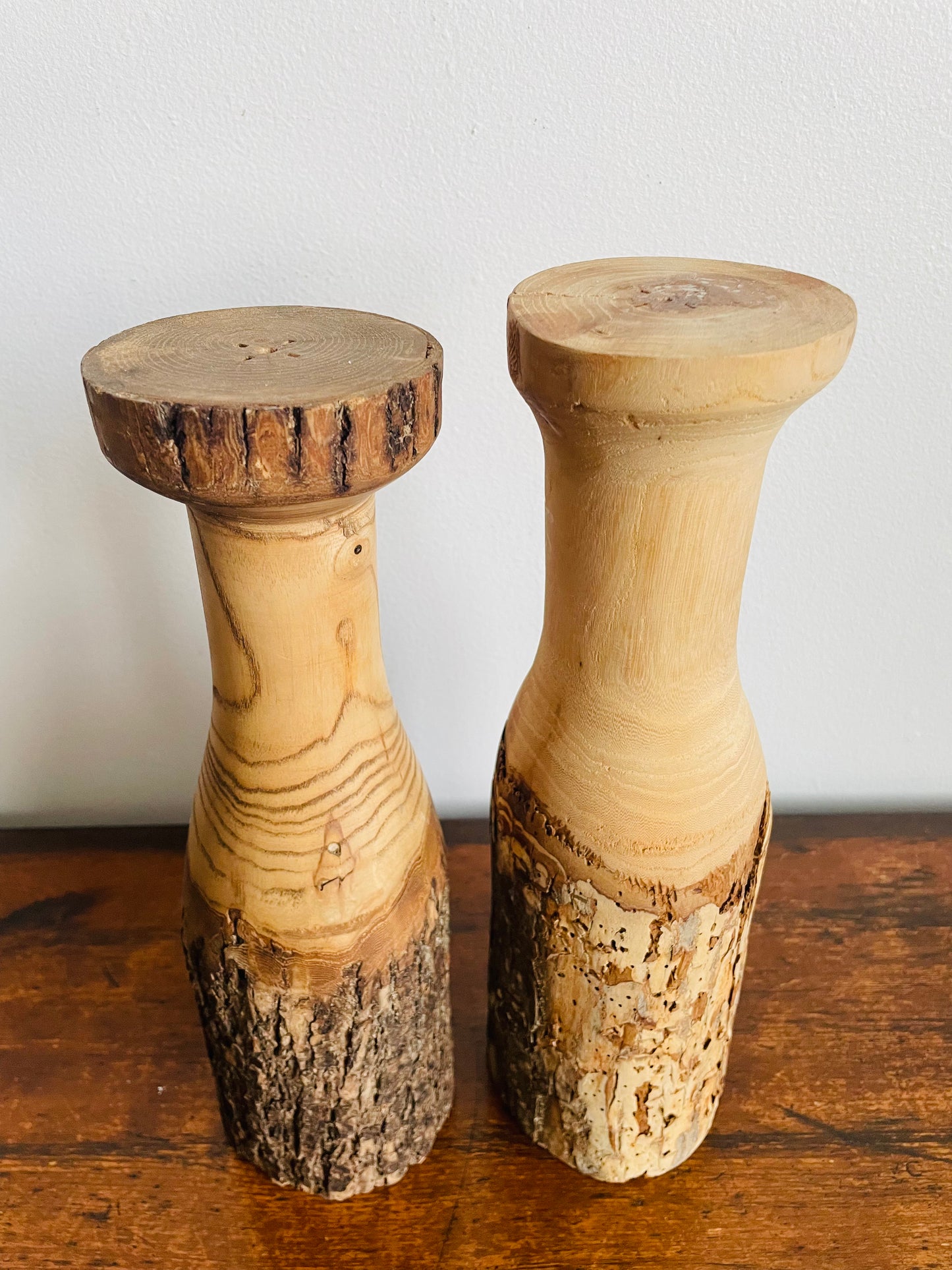 Natural Wood Carved Candlestick Pillars - Set of 2