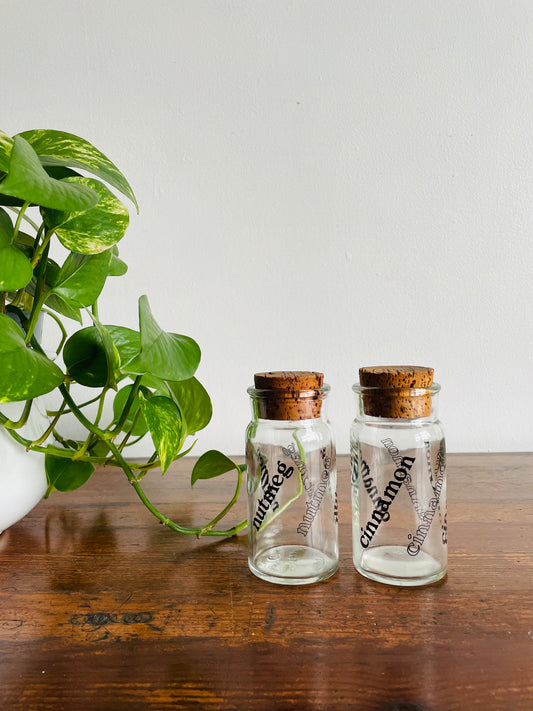 Vintage 1970s Wheaton Glass Spice Jars with Cork Lids - Cinnamon & Nutmeg