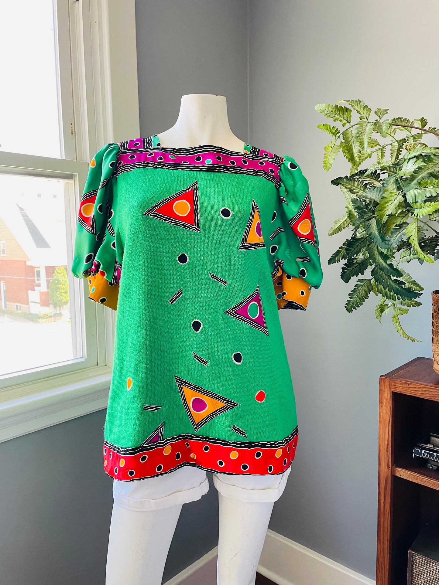 Vintage Sicari Silks Funky Knit & Silk Geometric Print Blouse T-Shirt Top