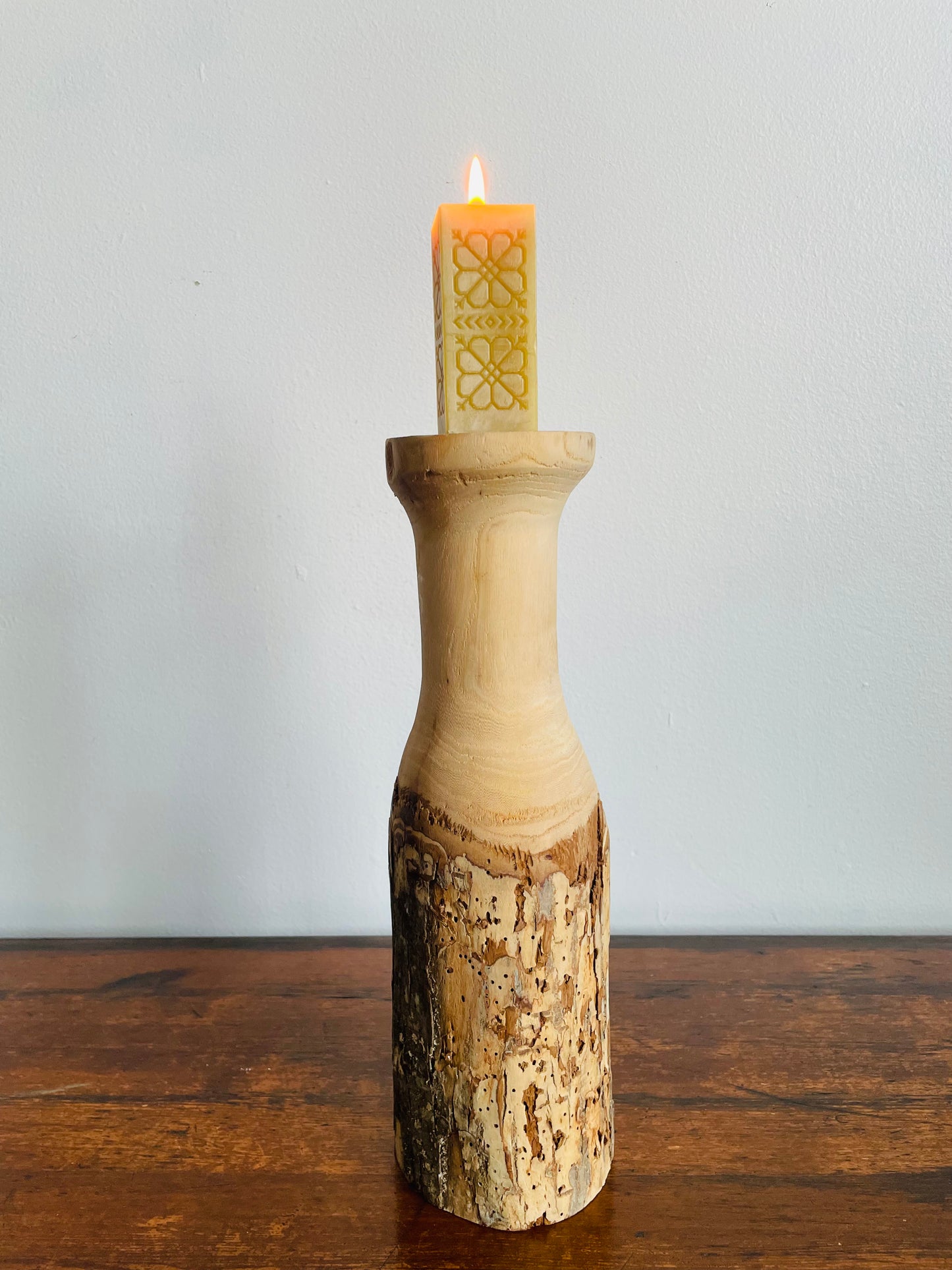 Natural Wood Carved Candlestick Pillars - Set of 2
