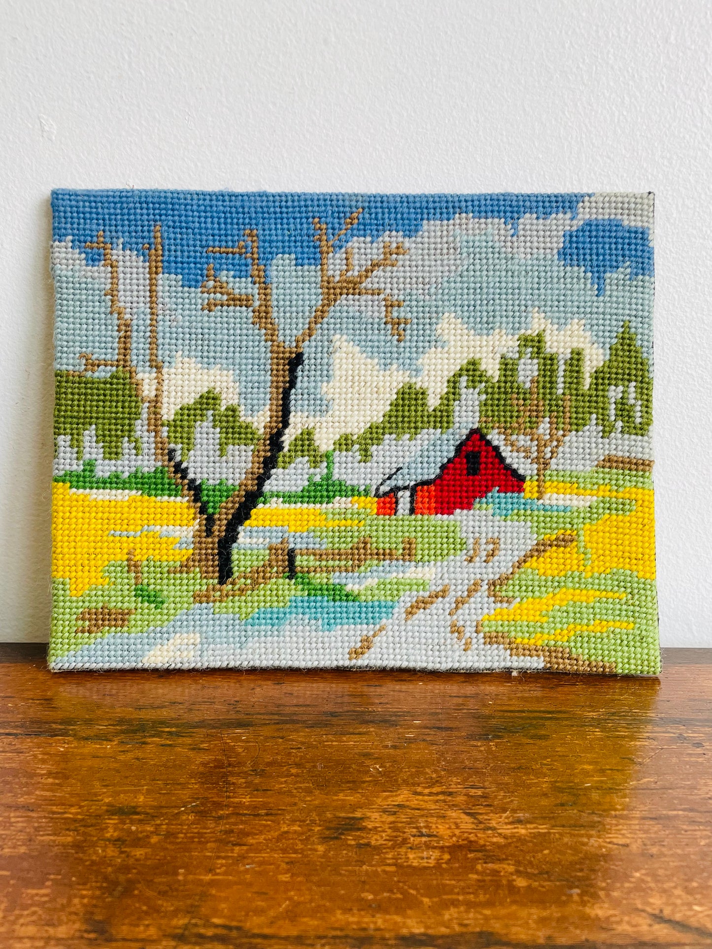Adorable Red Barn Needlepoint Embroidery Picture on Board - Frame or Leave As-Is!