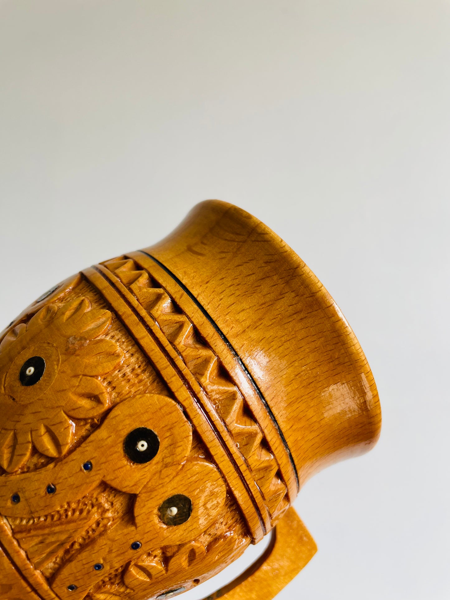 Rustic Traditional Ukrainian Folk Carved Wooden Mug Cup with Hand Painted Floral Design