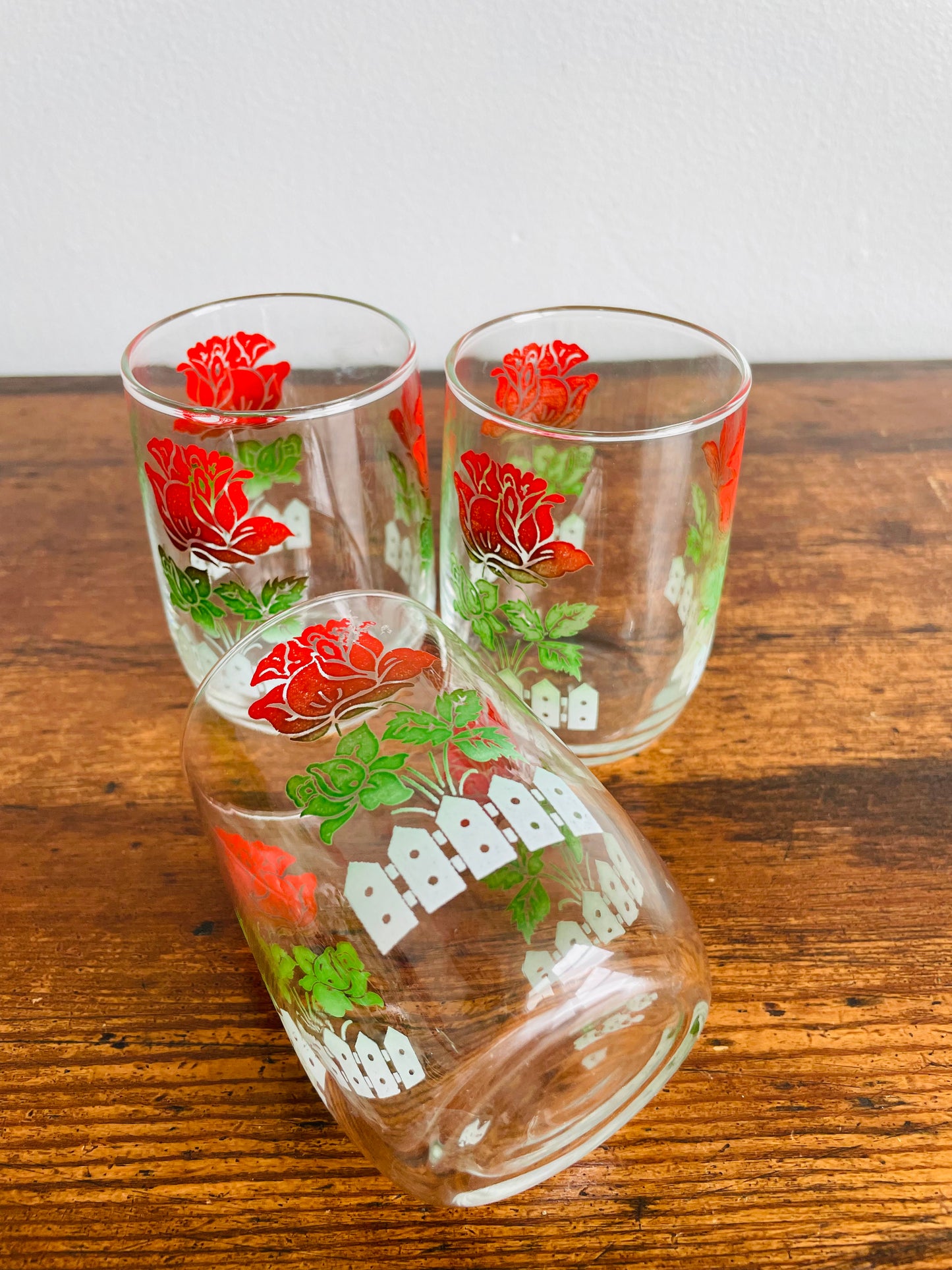 Juice Glasses with Rose Garden & White Picket Fence Design - Set of 3