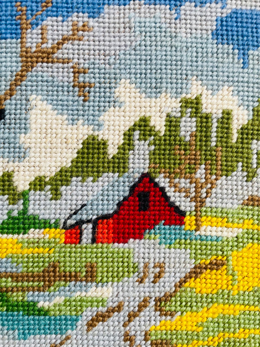 Adorable Red Barn Needlepoint Embroidery Picture on Board - Frame or Leave As-Is!