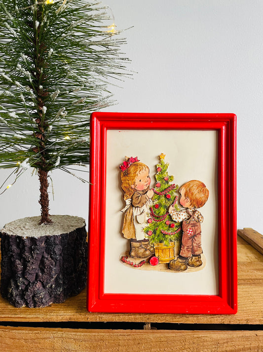 Vintage 3D-Paper Framed Holiday Print - Boy & Girl Decorating the Tree