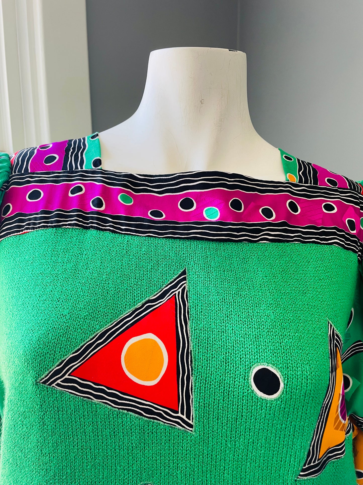 Vintage Sicari Silks Funky Knit & Silk Geometric Print Blouse T-Shirt Top