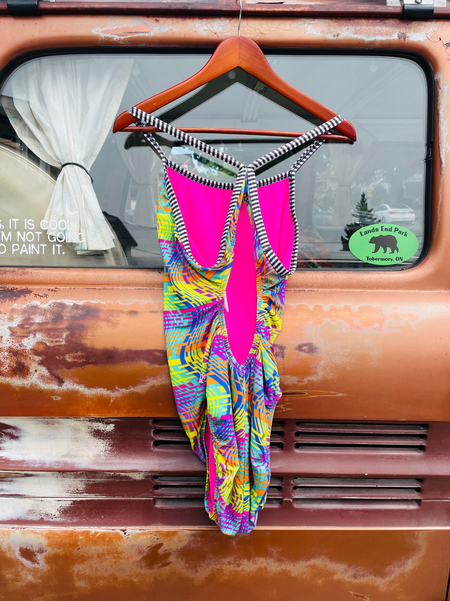Vintage Dolfin Uglies Neon Print One Piece Swimsuit / Bathing Suit with Black & White Straps and Racer Back
