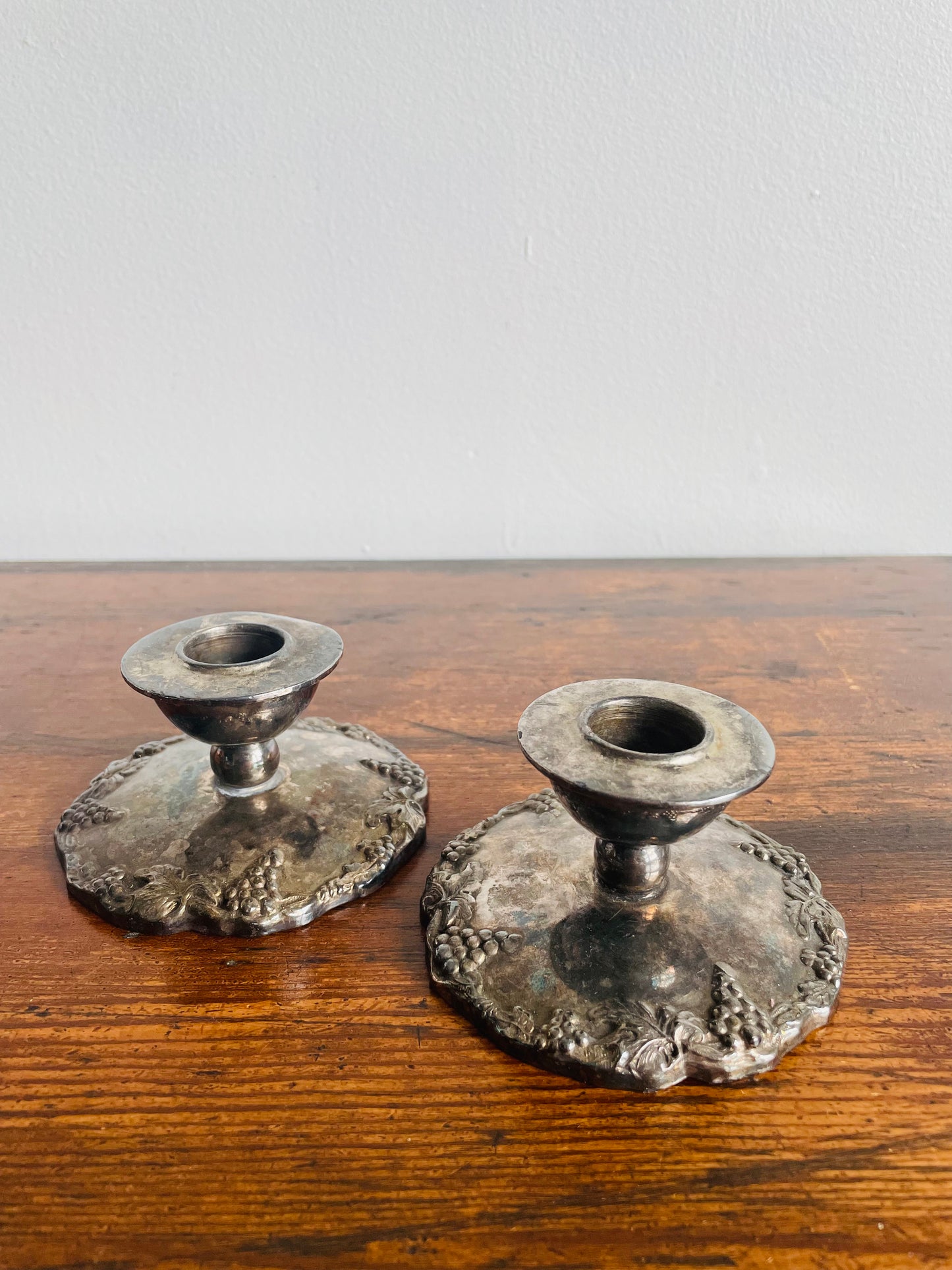 EP Lead Candlestick Holders with Grape Clusters & Vine Design - Set of 2