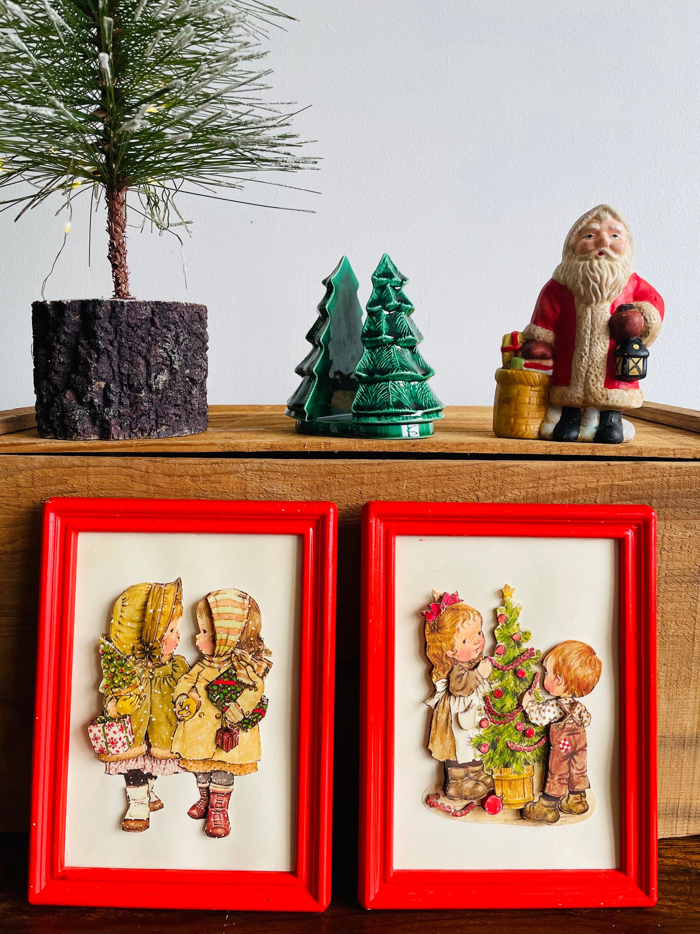 Vintage 3D-Paper Framed Holiday Print - Boy & Girl Decorating the Tree