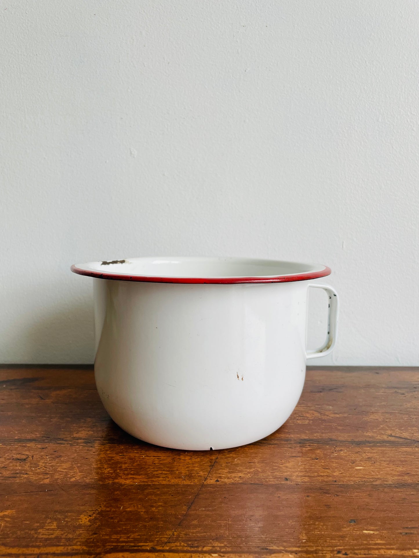 White Enamel Pot with Handle & Red Rim - Makes a Great Plant Pot!