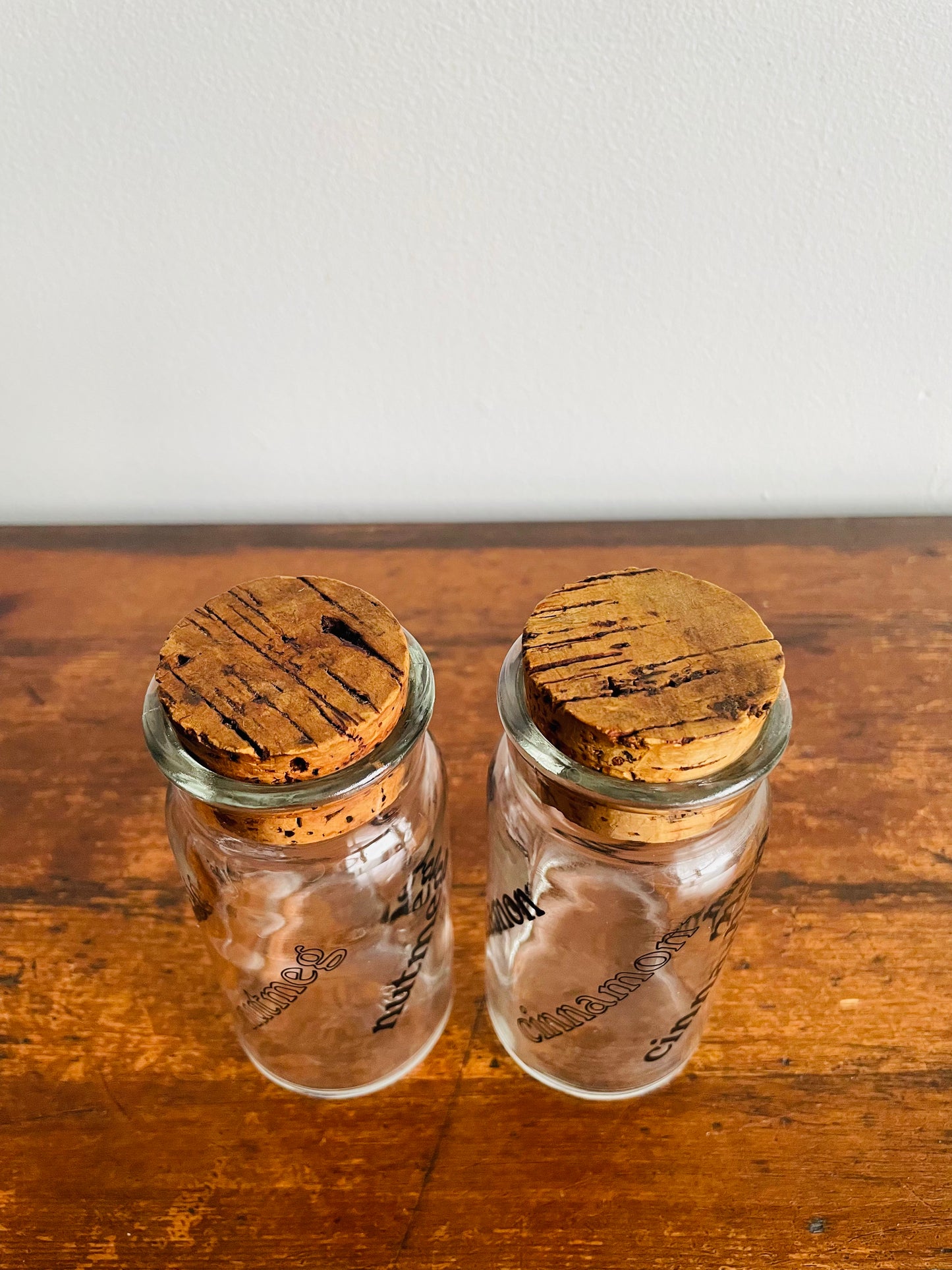 Vintage 1970s Wheaton Glass Spice Jars with Cork Lids - Cinnamon & Nutmeg