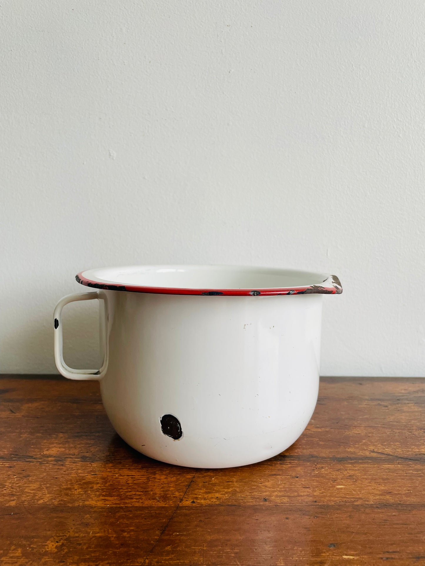 White Enamel Pot with Handle & Red Rim - Makes a Great Plant Pot!